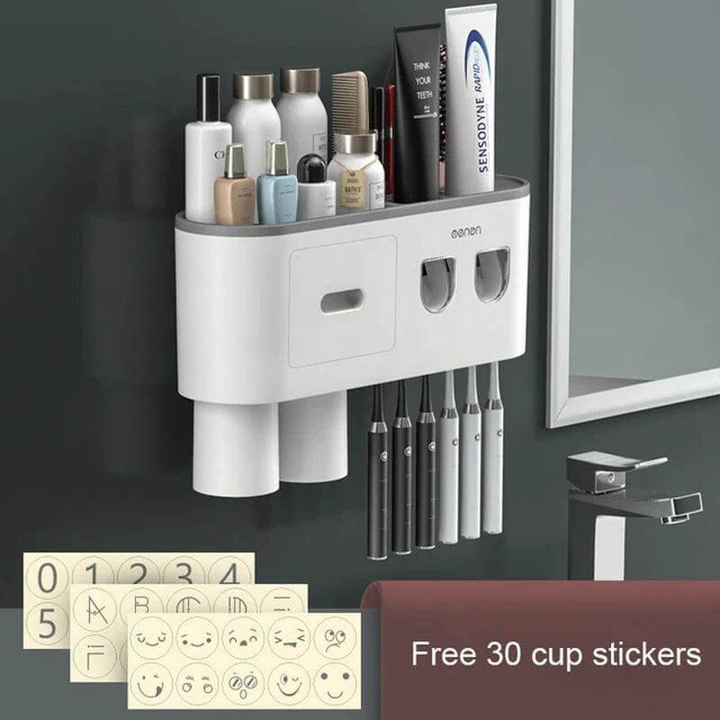 Streamlined Bathroom Organizer: Wall Mounted Magnetic Toothbrush Holder & Waterproof Storage Box with Toothpaste Dispenser - Choose from 2, 3, or 4 Cup Options